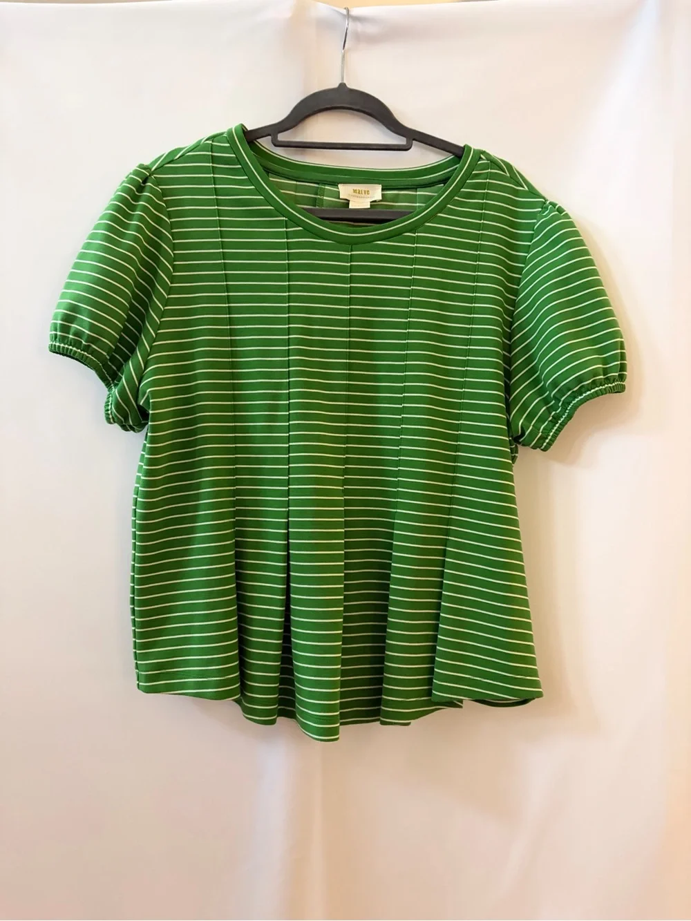 Anthropologie Green Striped Puff-Sleeve Peplum Top